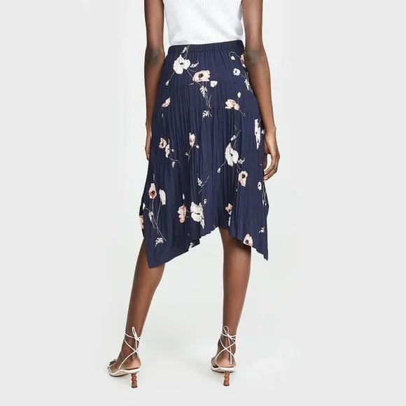 nwt vincetossed poppy pleated asymmetric skirt in marine floral